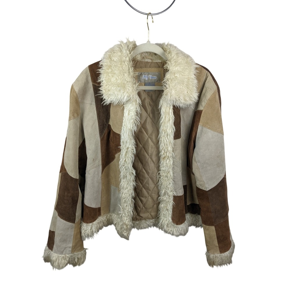 NY Classics Vintage Afghan Penny Lane Jacket Patchwork Leather Faux Fur XL Brown